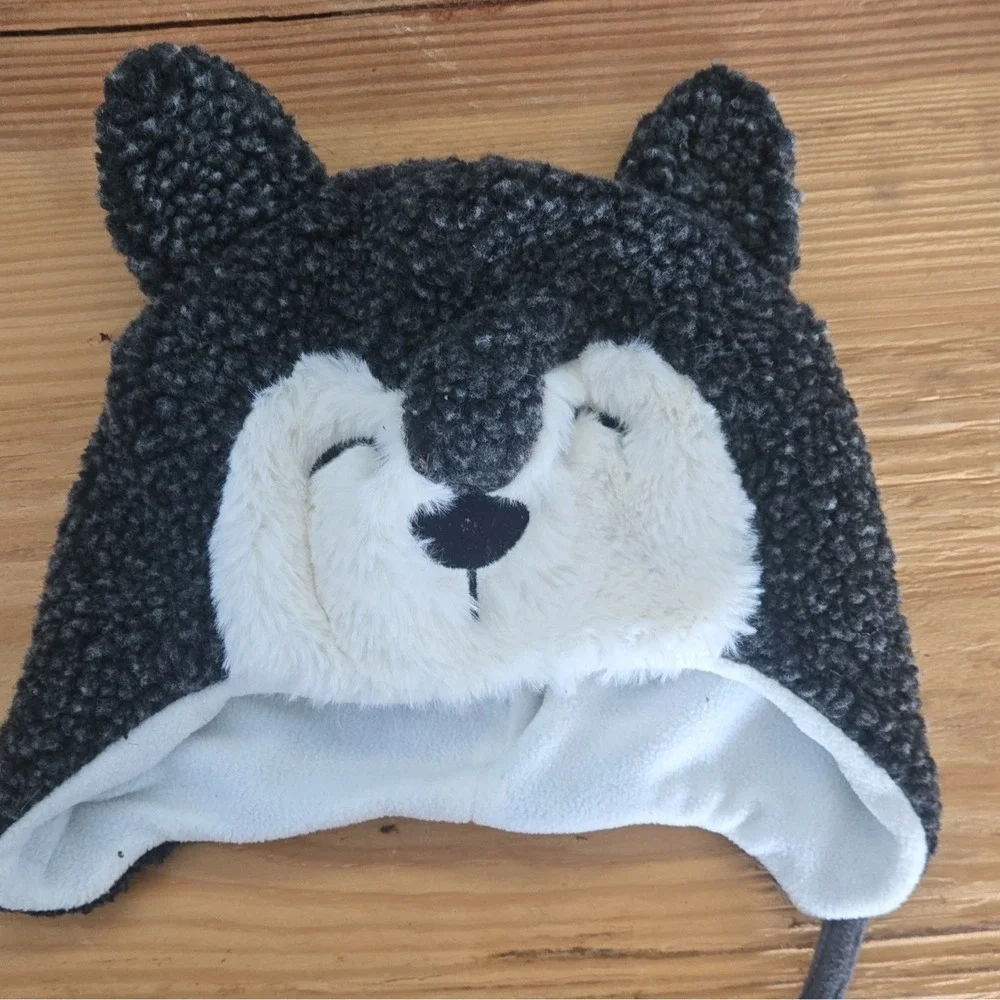 Gray/White Fox Trapper Hat w/ Ear Flaps, Lined Faux Fur Fleece 12-24M